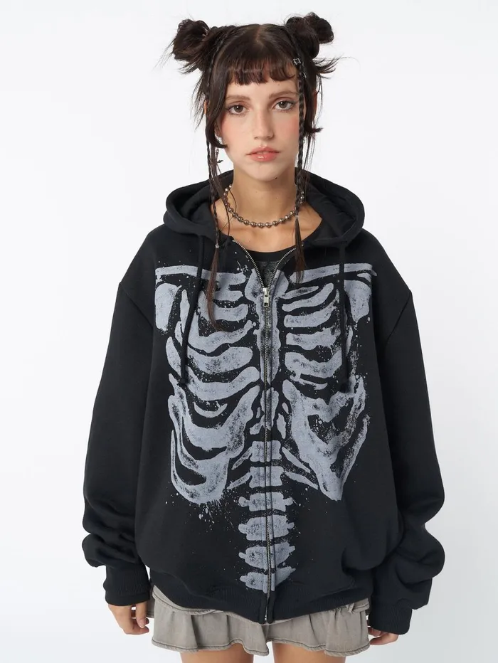 Women Minga London Sweaters and Hoodies Skeleton Black Zip Up Hoodie