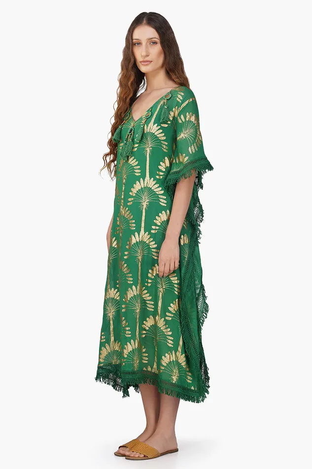 Women Pine Green Palm Foil Tassel Kaftan Dresses America and Beyond