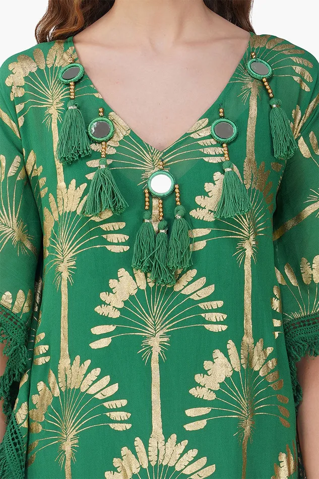 Women Pine Green Palm Foil Tassel Kaftan Dresses America and Beyond