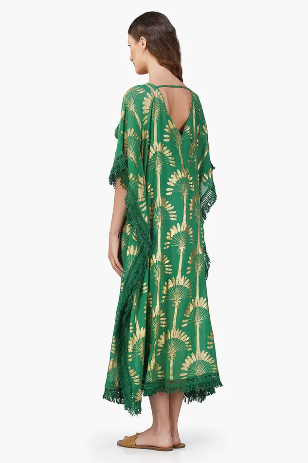 Women Pine Green Palm Foil Tassel Kaftan Dresses America and Beyond