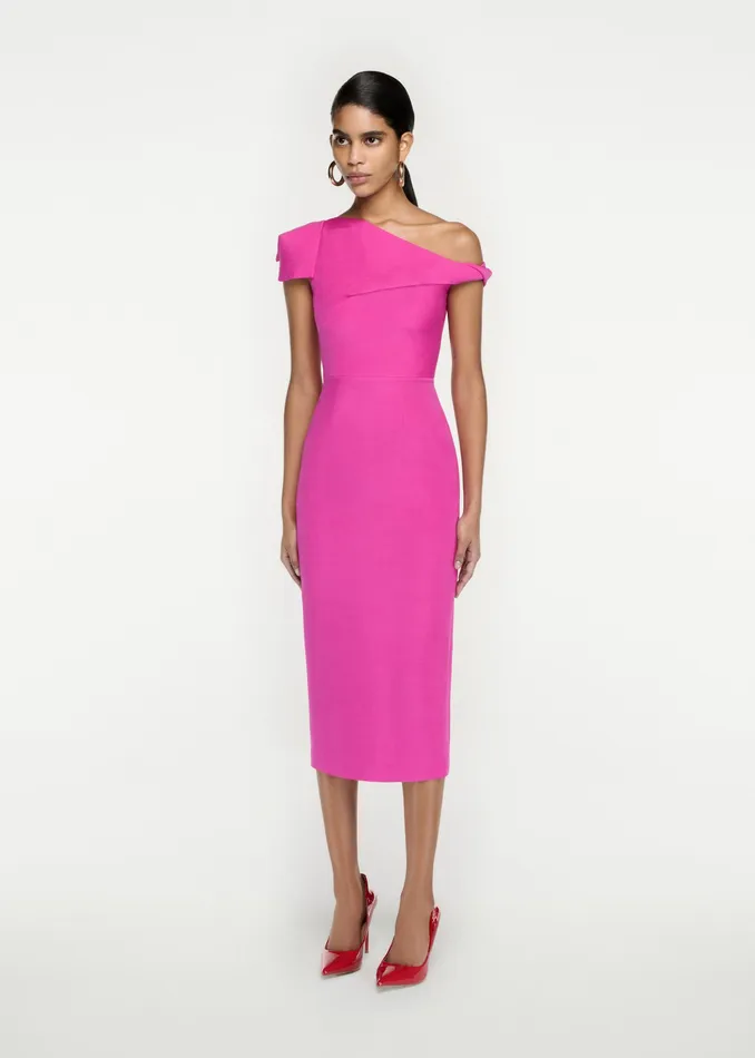 Women Roland Mouret Clothing Asymmetric Cap Sleeve Silk Wool Midi Dress