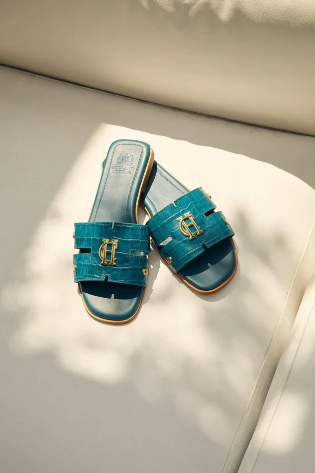 Women Sandals and Slides Holland Cooper Monogram Slides Teal Croc Women Sandals and Slides Holland Cooper Monogram Slides Teal Croc