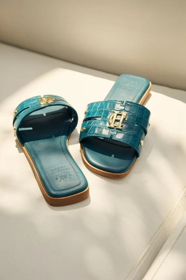 Women Sandals and Slides Holland Cooper Monogram Slides Teal Croc Women Sandals and Slides Holland Cooper Monogram Slides Teal Croc