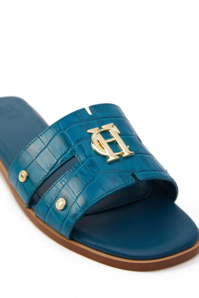 Women Sandals and Slides Holland Cooper Monogram Slides Teal Croc Women Sandals and Slides Holland Cooper Monogram Slides Teal Croc