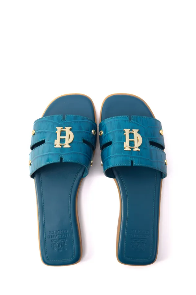Women Sandals and Slides Holland Cooper Monogram Slides Teal Croc Women Sandals and Slides Holland Cooper Monogram Slides Teal Croc