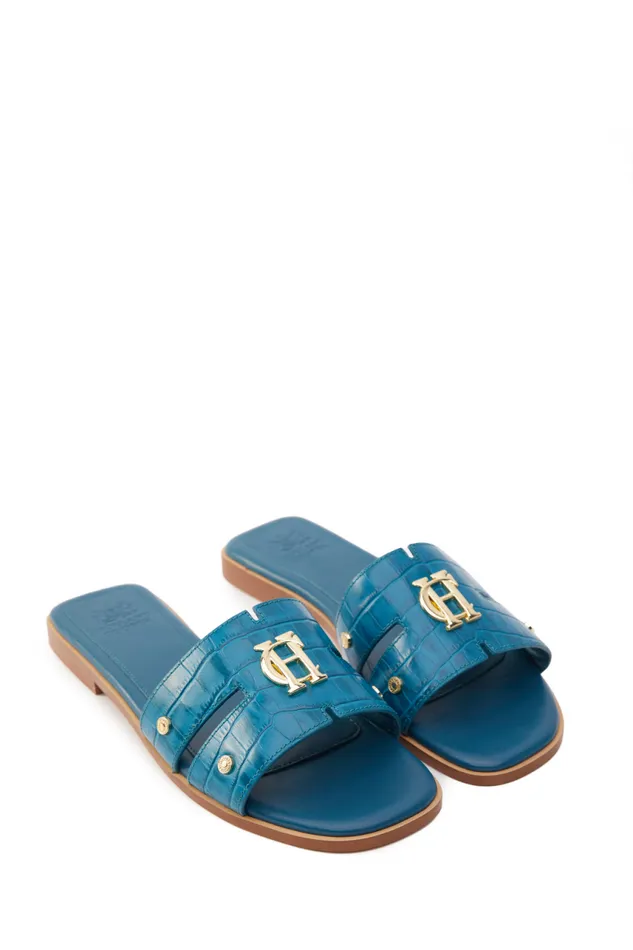 Women Sandals and Slides Holland Cooper Monogram Slides Teal Croc Women Sandals and Slides Holland Cooper Monogram Slides Teal Croc