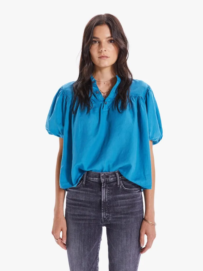 Women Shirts Mother Denim The SS Pouf Popover Shirt Medium Blue
