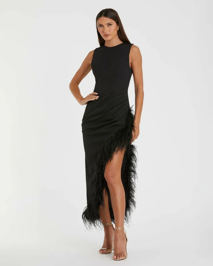 Women Sleeveless Faux Wrap Dress with Feather Detail Black Daytime Dresses Mac Duggal Women Sleeveless Faux Wrap Dress with Feather Detail Black Daytime Dresses Mac Duggal