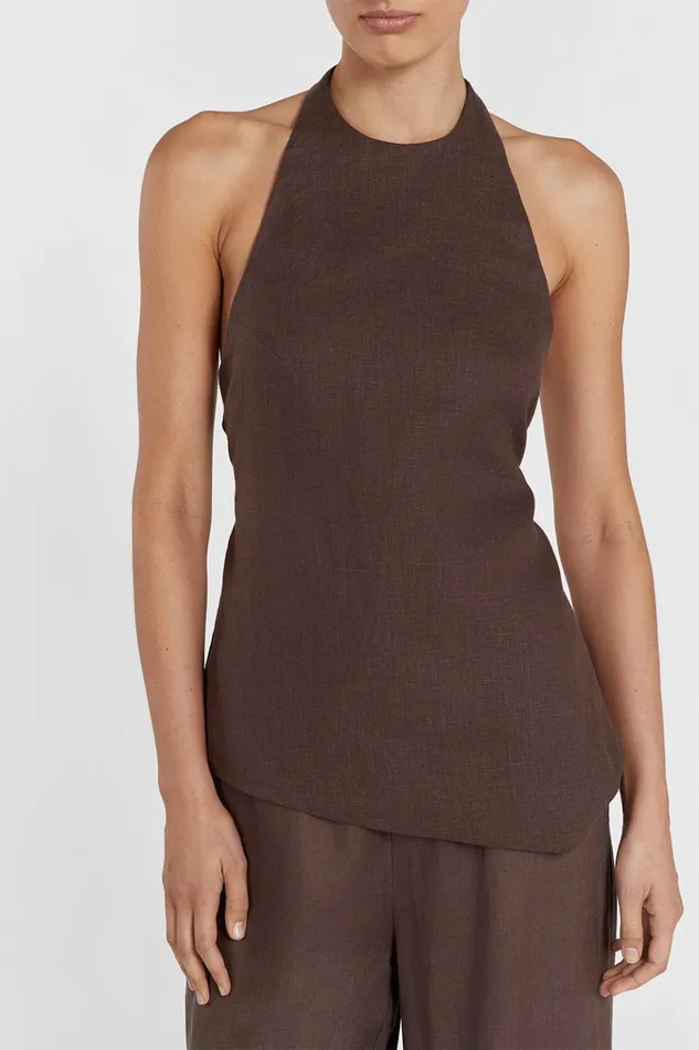 Women Tops DISSH SERENA CHOC LINEN ASYM HALTER TOP