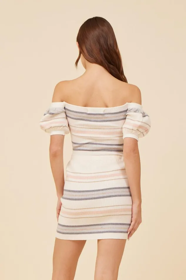 Women Vintage Havana Casual Tops Tahitian Tide Stripe Sweater Rib Off The Shoulder Top Tahitian Tide