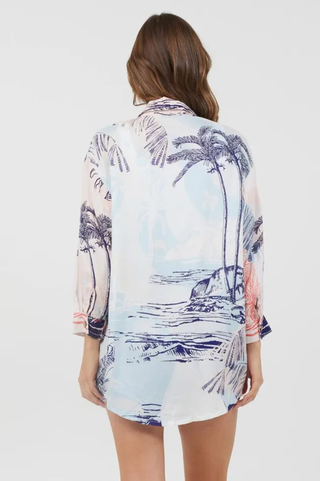 Women Vintage Havana Dresses Blue and Pink Scenic Print Placement Shirt Dress Blue