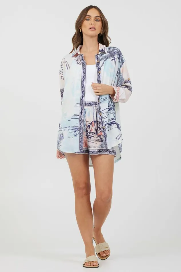 Women Vintage Havana Dresses Blue and Pink Scenic Print Placement Shirt Dress Blue