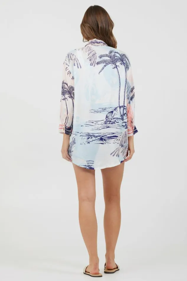 Women Vintage Havana Dresses Blue and Pink Scenic Print Placement Shirt Dress Blue
