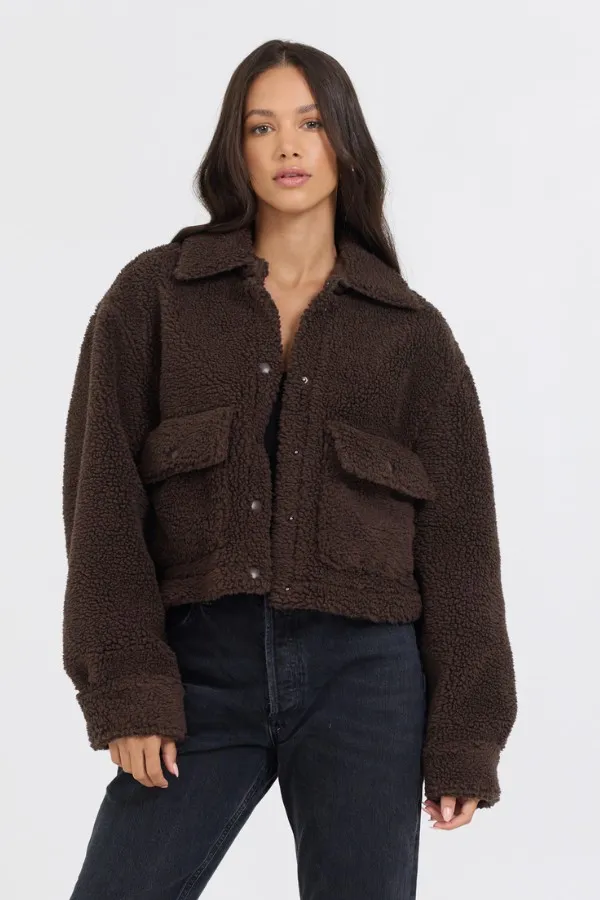 Women Vintage Havana Outerwear Espresso Sherpa Jacket W Quilted Pockets Espresso Women Vintage Havana Outerwear Espresso Sherpa Jacket W Quilted Pockets Espresso