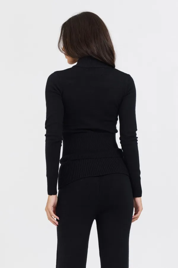 Women Vintage Havana Sweaters Black Slim Fit Knit Quarter Zip Black