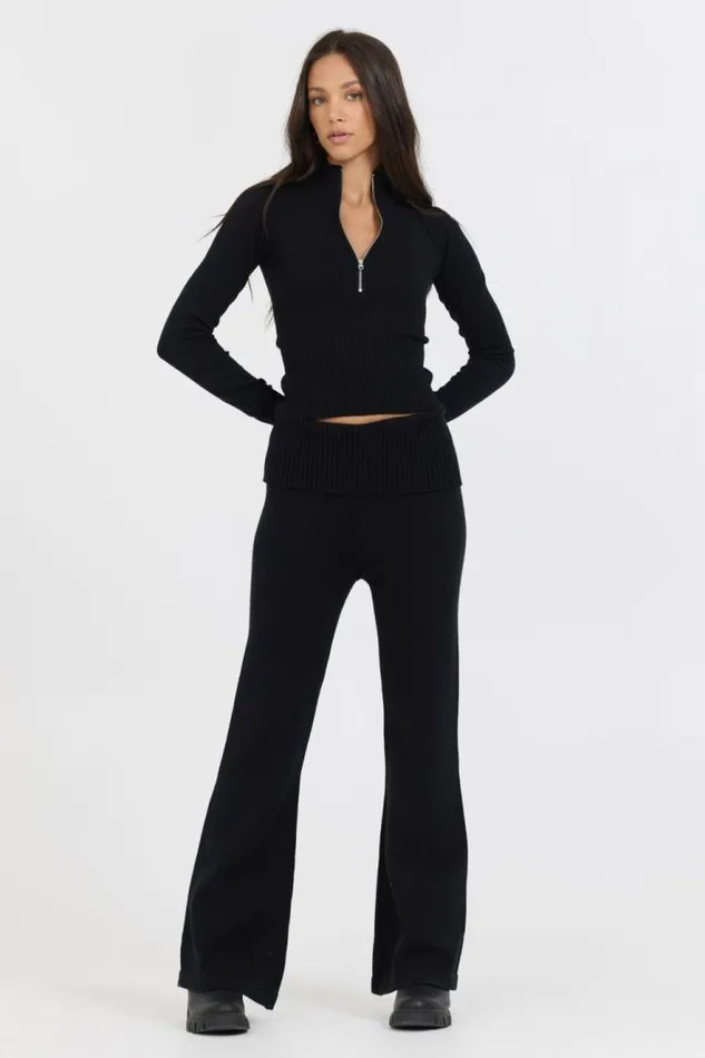 Women Vintage Havana Sweaters Black Slim Fit Knit Quarter Zip Black