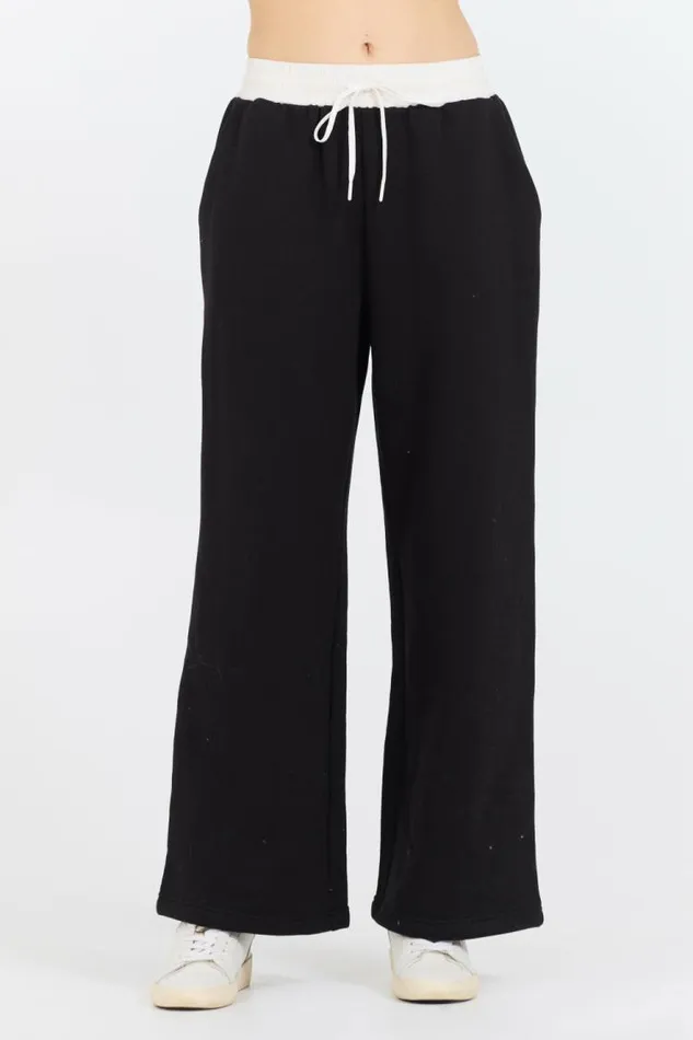 Women Vintage Havana Wide Leg Pants Black White Essential Fleece Pant W Poplin Waist Black Women Vintage Havana Wide Leg Pants Black White Essential Fleece Pant W Poplin Waist Black