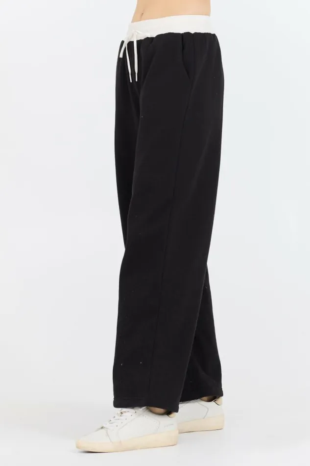 Women Vintage Havana Wide Leg Pants Black White Essential Fleece Pant W Poplin Waist Black