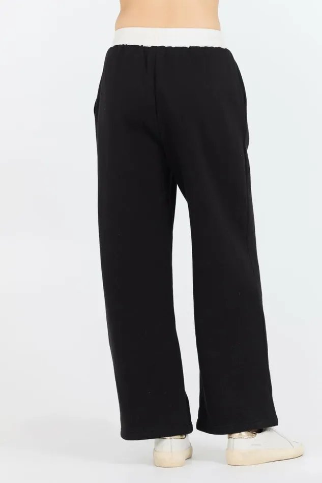 Women Vintage Havana Wide Leg Pants Black White Essential Fleece Pant W Poplin Waist Black