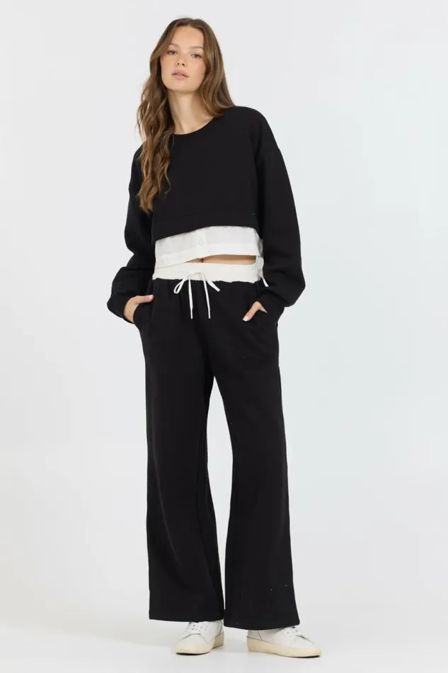 Women Vintage Havana Wide Leg Pants Black White Essential Fleece Pant W Poplin Waist Black