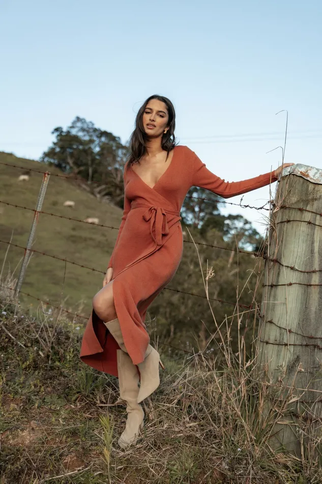 Women Winter Dresses Petal and Pup Kellan Wrap Midi Dress Bronze