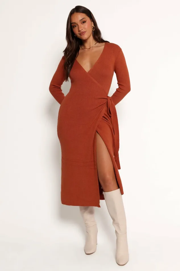 Women Winter Dresses Petal and Pup Kellan Wrap Midi Dress Bronze