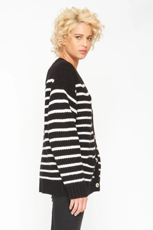 Womens Chaser Brand Tops Grandpa Cardigan Sweater 8211 Black And White Stripe