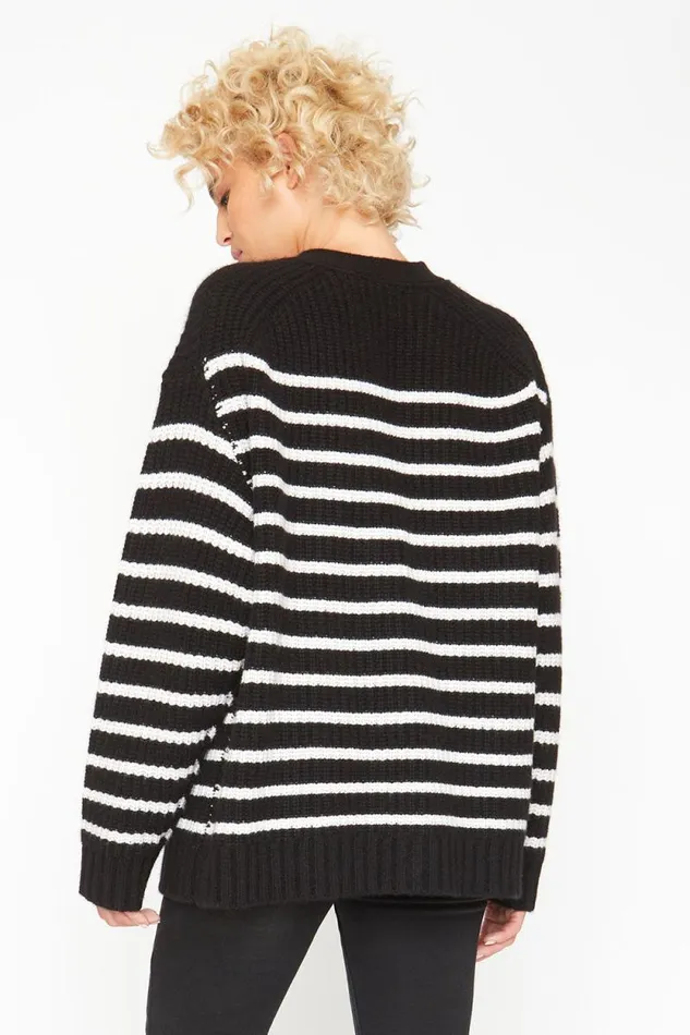 Womens Chaser Brand Tops Grandpa Cardigan Sweater 8211 Black And White Stripe