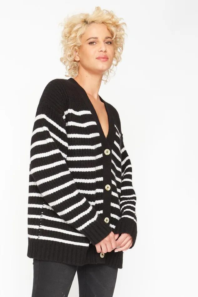 Womens Chaser Brand Tops Grandpa Cardigan Sweater 8211 Black And White Stripe