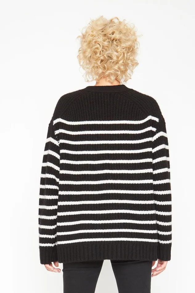 Womens Chaser Brand Tops Grandpa Cardigan Sweater 8211 Black And White Stripe