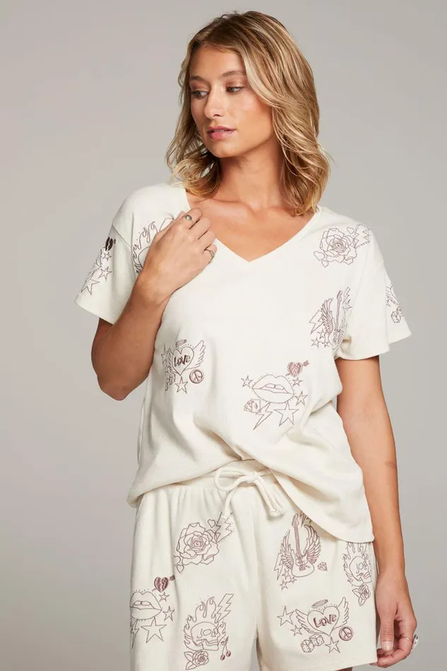 Womens Chaser Brand Tops Love Rock Embroidery Tee