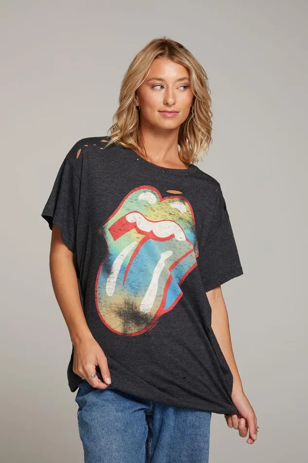 Womens Chaser Brand Tops Rolling Stones Classic Logo Distressed Tee