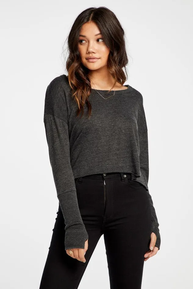 Womens Chaser Brand Tops Triblend Jersey Cropped Open Neck Long Sleeve Thumbhole Tee