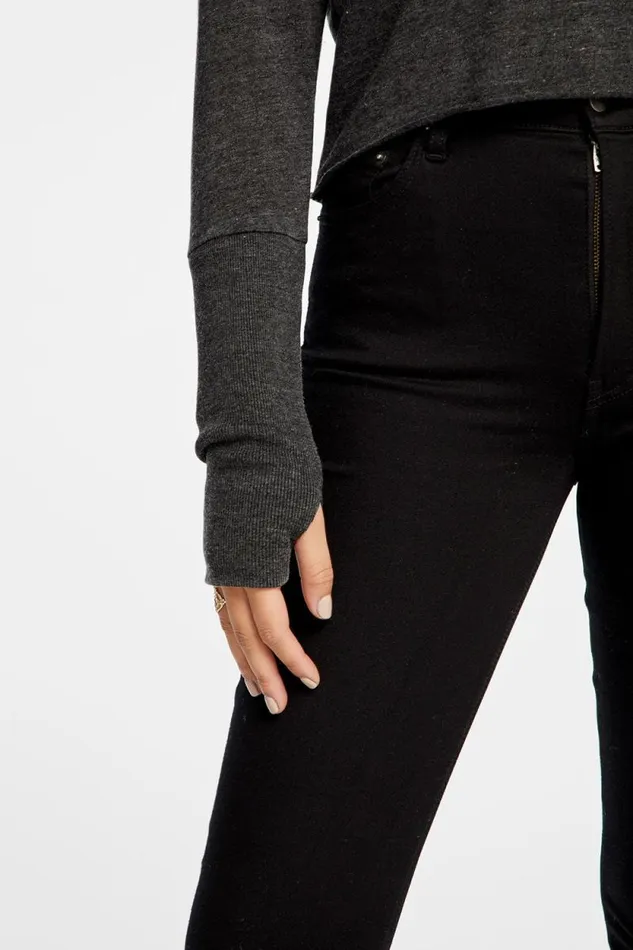 Womens Chaser Brand Tops Triblend Jersey Cropped Open Neck Long Sleeve Thumbhole Tee