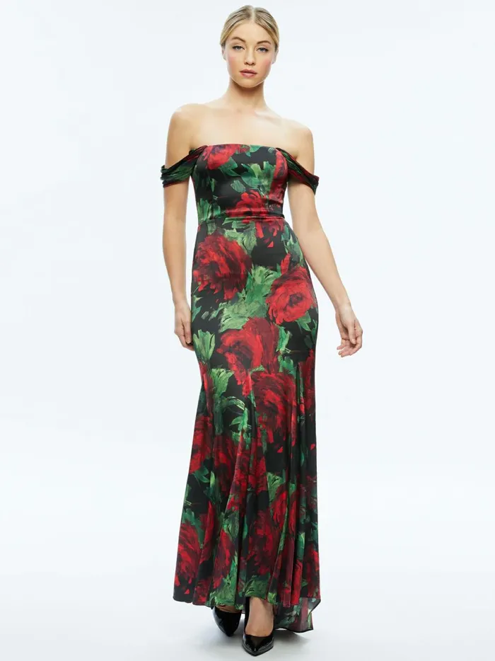 Womens Dresses Alice Olivia Arza Off Shoulder Maxi Dress Cloud Floral Bordeaux Lg