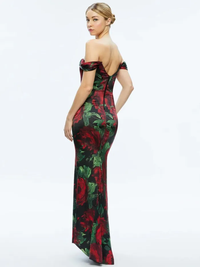 Womens Dresses Alice Olivia Arza Off Shoulder Maxi Dress Cloud Floral Bordeaux Lg