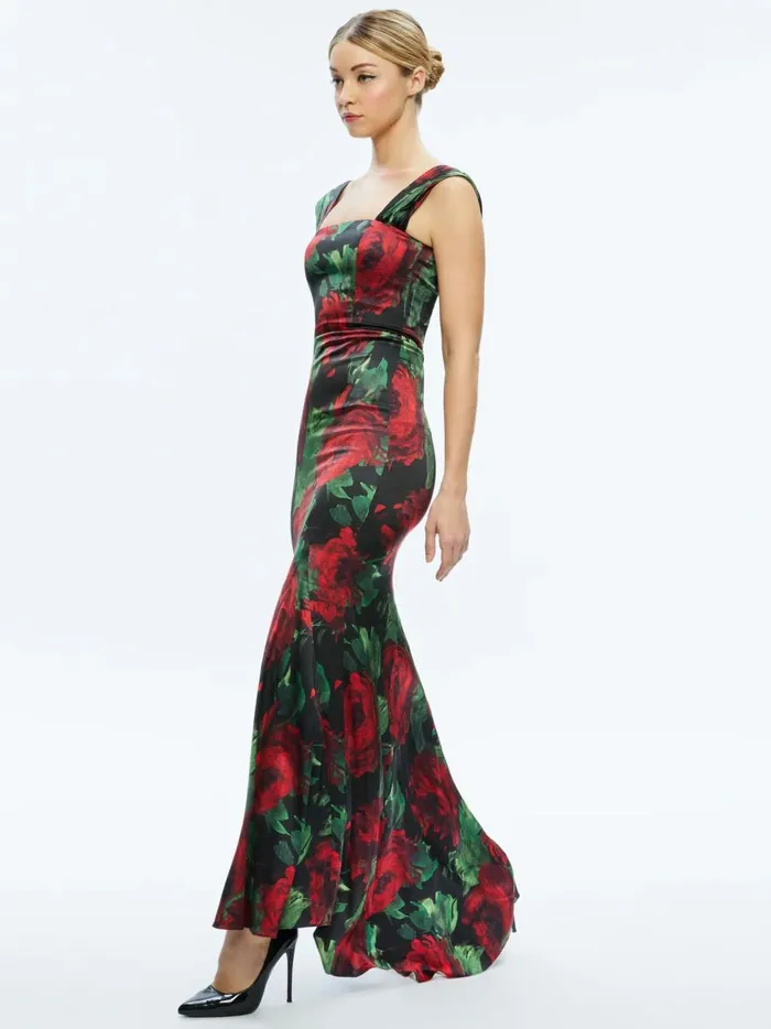 Womens Dresses Alice Olivia Arza Off Shoulder Maxi Dress Cloud Floral Bordeaux Lg