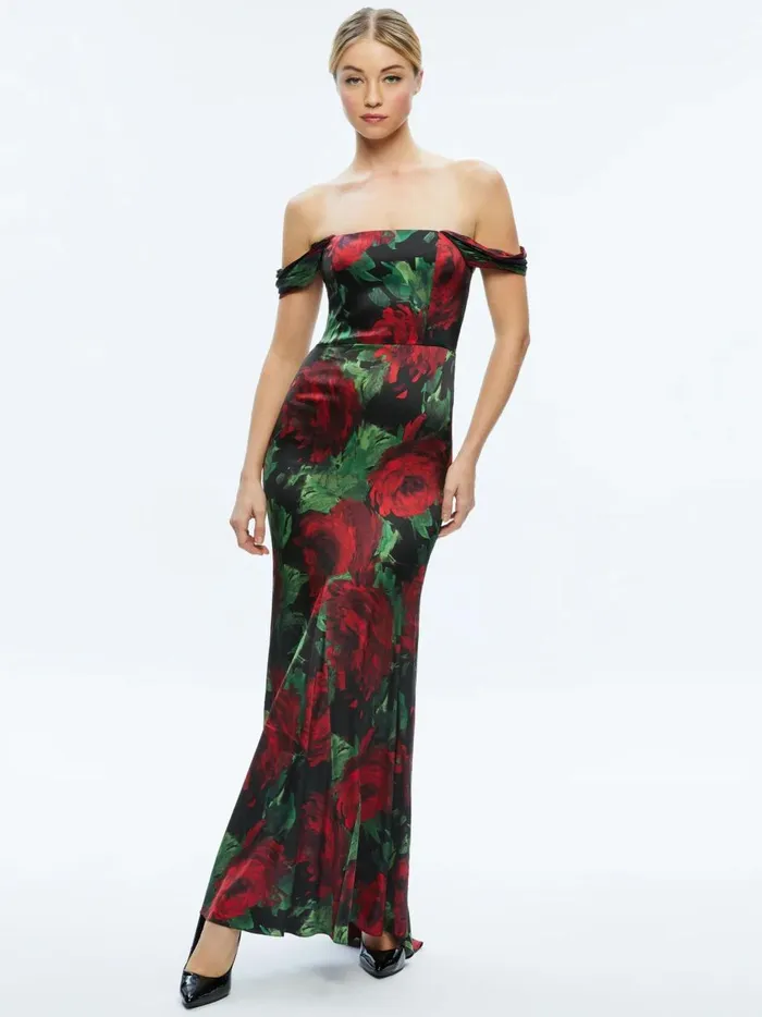 Womens Dresses Alice Olivia Arza Off Shoulder Maxi Dress Cloud Floral Bordeaux Lg