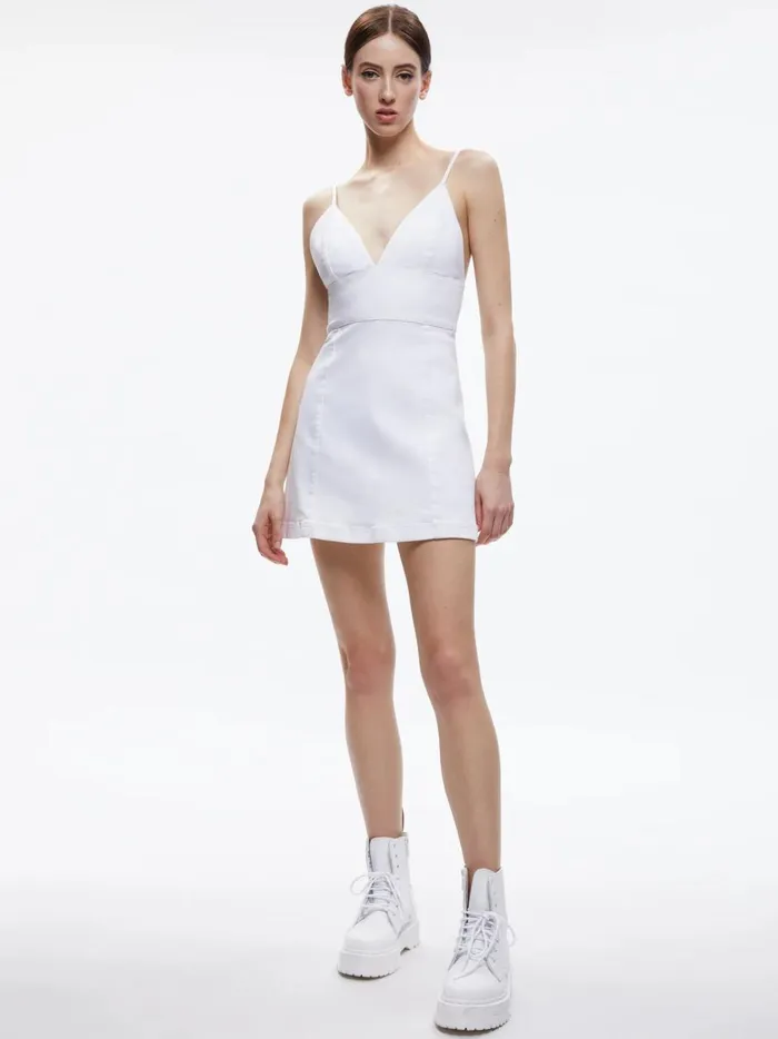 Womens Dresses Alice Olivia Carli Spaghetti Strap Denim Mini Dress White