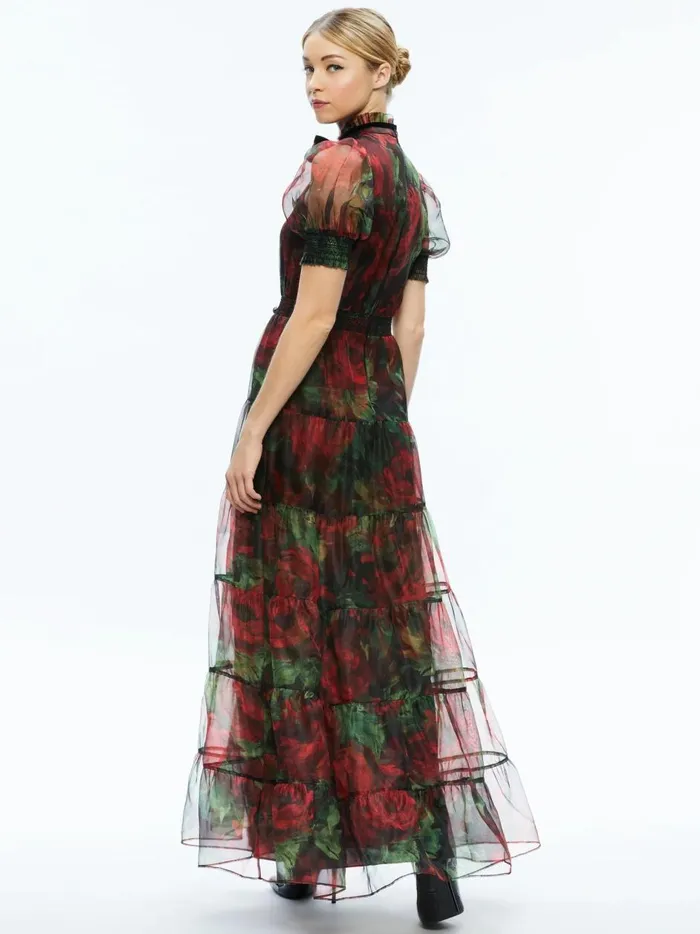 Womens Dresses Alice Olivia Coletta Bow Neck Button Front Maxi Dress Cloud Floral Bordeaux Lg