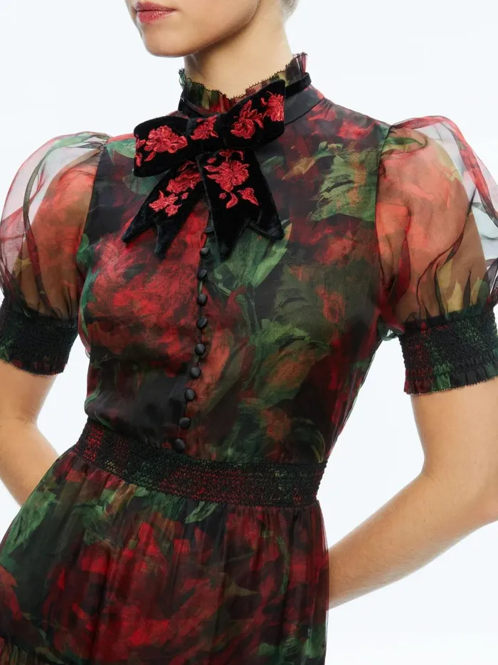 Womens Dresses Alice Olivia Coletta Bow Neck Button Front Maxi Dress Cloud Floral Bordeaux Lg