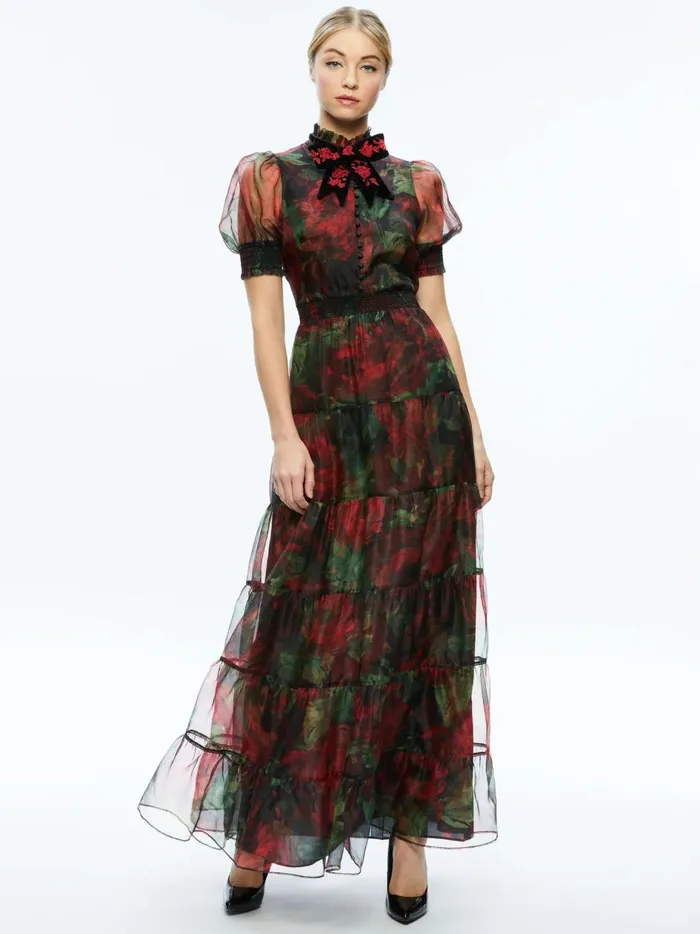 Womens Dresses Alice Olivia Coletta Bow Neck Button Front Maxi Dress Cloud Floral Bordeaux Lg