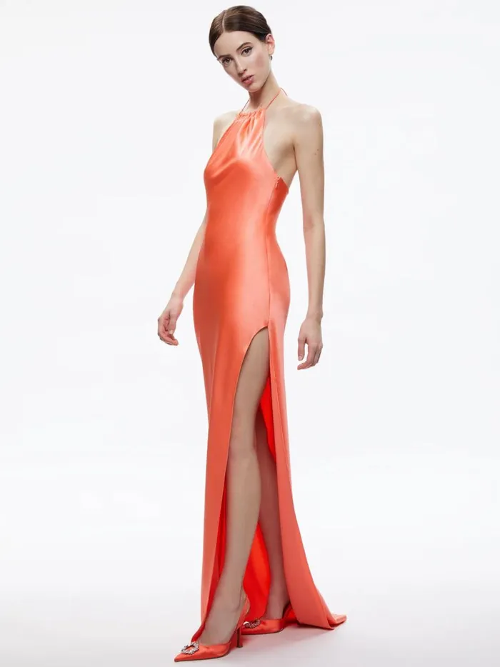 Womens Dresses Alice Olivia Zumi Open Back Halter Maxi Dress Coral Sunset