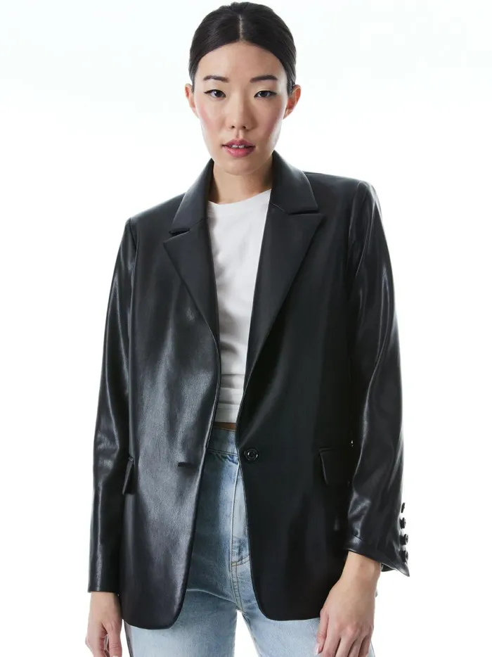 Womens Jackets Coats Alice Olivia Denny Vegan Leather Notch Collar Blazer Black