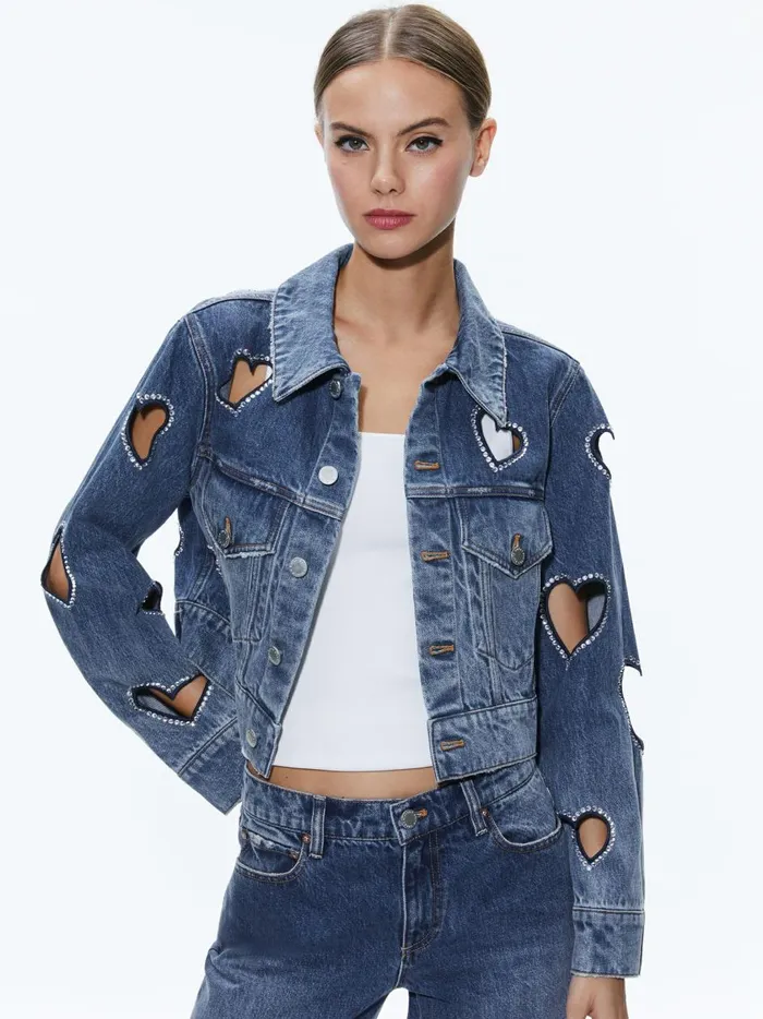 Womens Jackets Coats Alice Olivia Jeff Heart Embellished Cropped Denim Jacket True Blues Dark