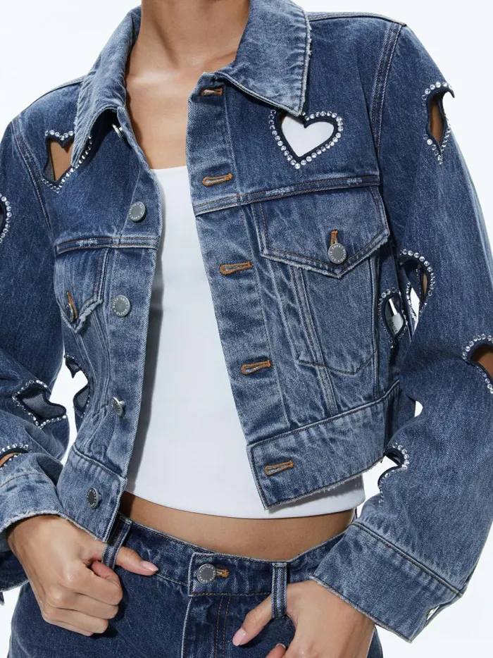 Womens Jackets Coats Alice Olivia Jeff Heart Embellished Cropped Denim Jacket True Blues Dark