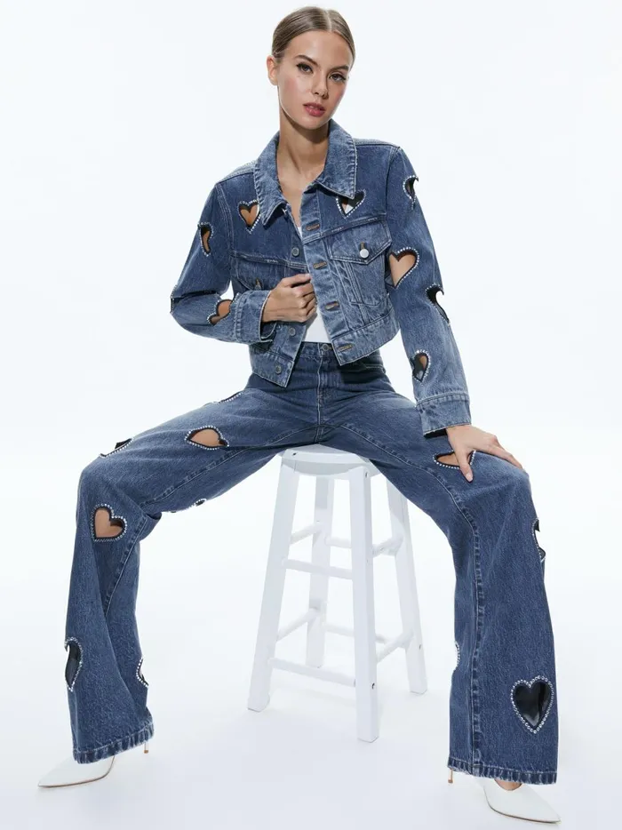 Womens Jackets Coats Alice Olivia Jeff Heart Embellished Cropped Denim Jacket True Blues Dark