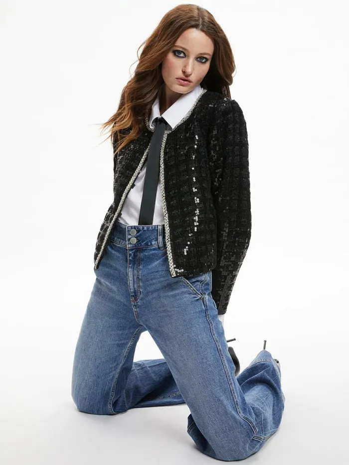 Womens Jackets Coats Alice Olivia Kidman Sequin Tweed Jacket Black