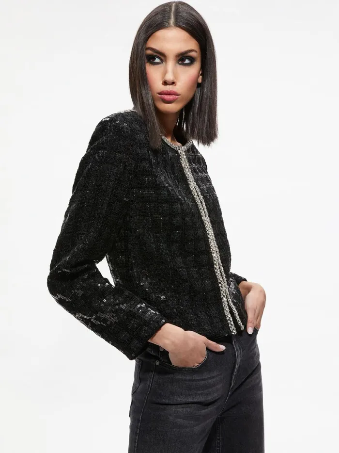 Womens Jackets Coats Alice Olivia Kidman Sequin Tweed Jacket Black