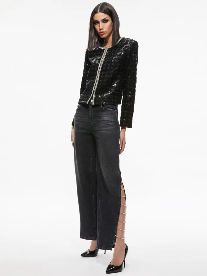 Womens Jackets Coats Alice Olivia Kidman Sequin Tweed Jacket Black